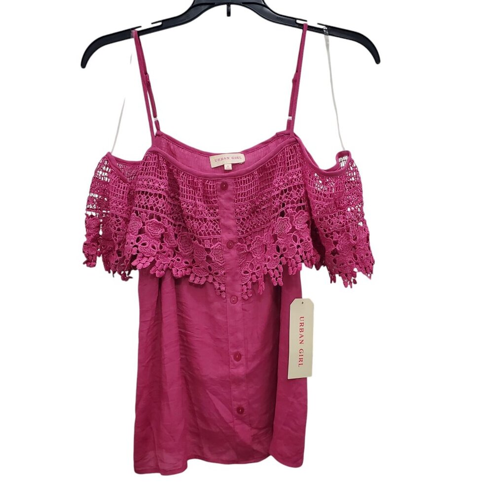 Urban Girl‎ Junior's Magenta Crochet Off Cold Shoulder Button Up Boho Top NWT M